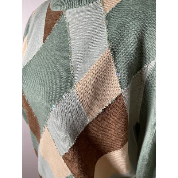 VTG Alfred Dunner Women's Wool Geometric Sequin Artzy Funnel Sweater Green PL - Picture 4 of 10